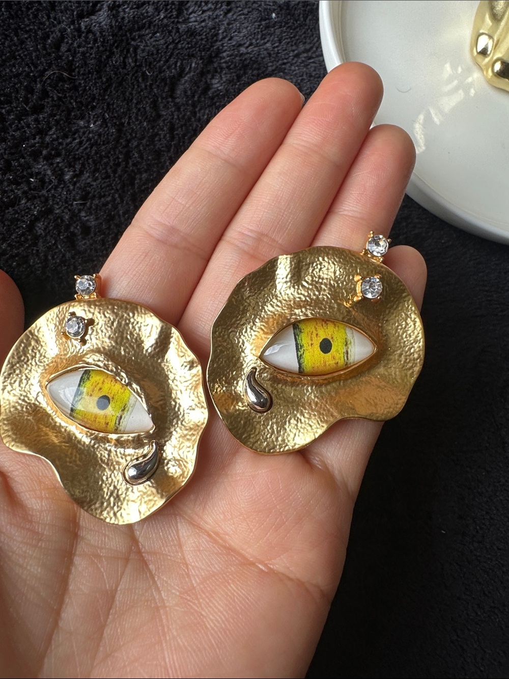 Gold Textured Eye Drop Earrings with Yellow Accent - Picture 3 of 7